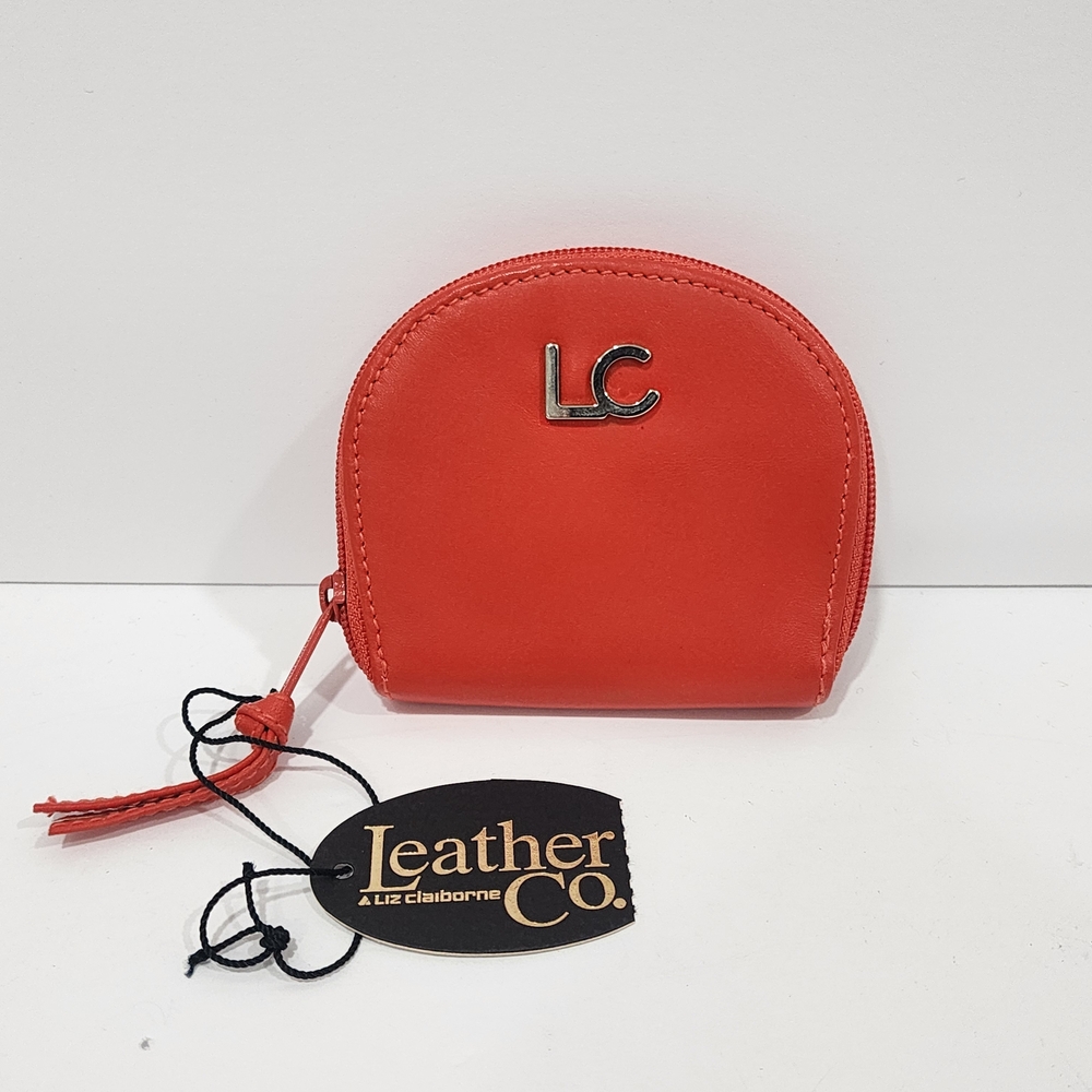 Leather Co by Liz Claiborne Small Genuine Leather Coin Purse Zip Orange NEW
